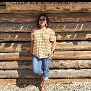 Mustard yellow striped off-shoulder short sleeve top
